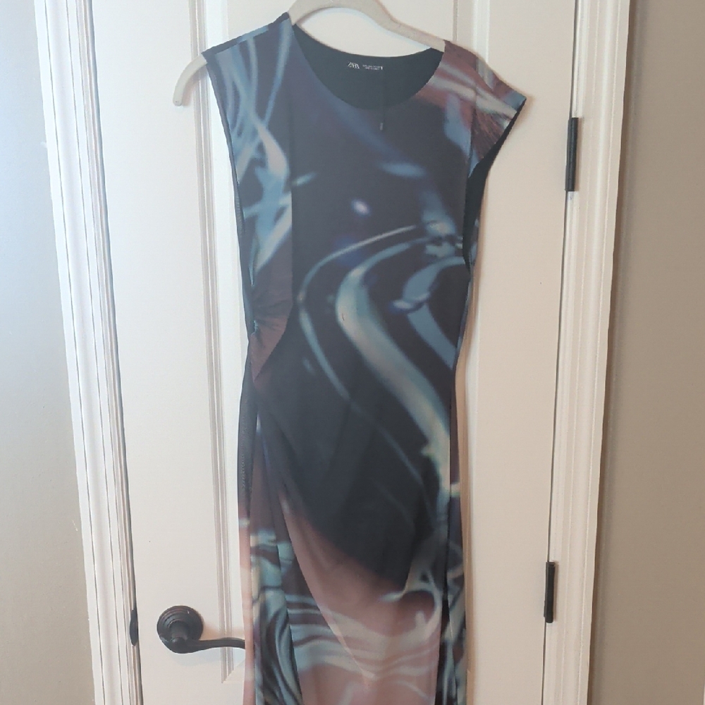 Zara Black and Blue Swirl Midi Dress